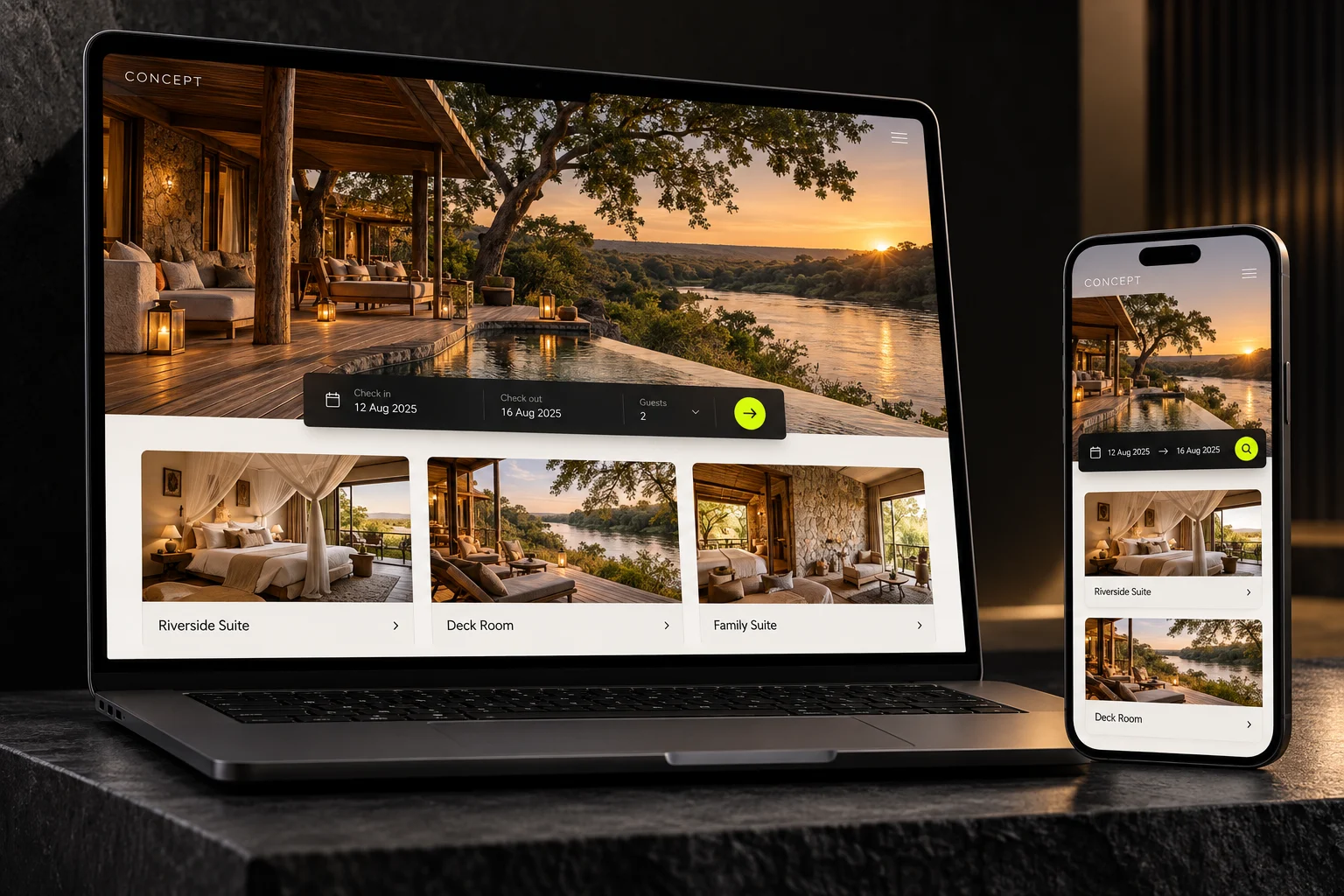 Illustrative desktop and mobile product presentation for the Tourism Booking Platform concept