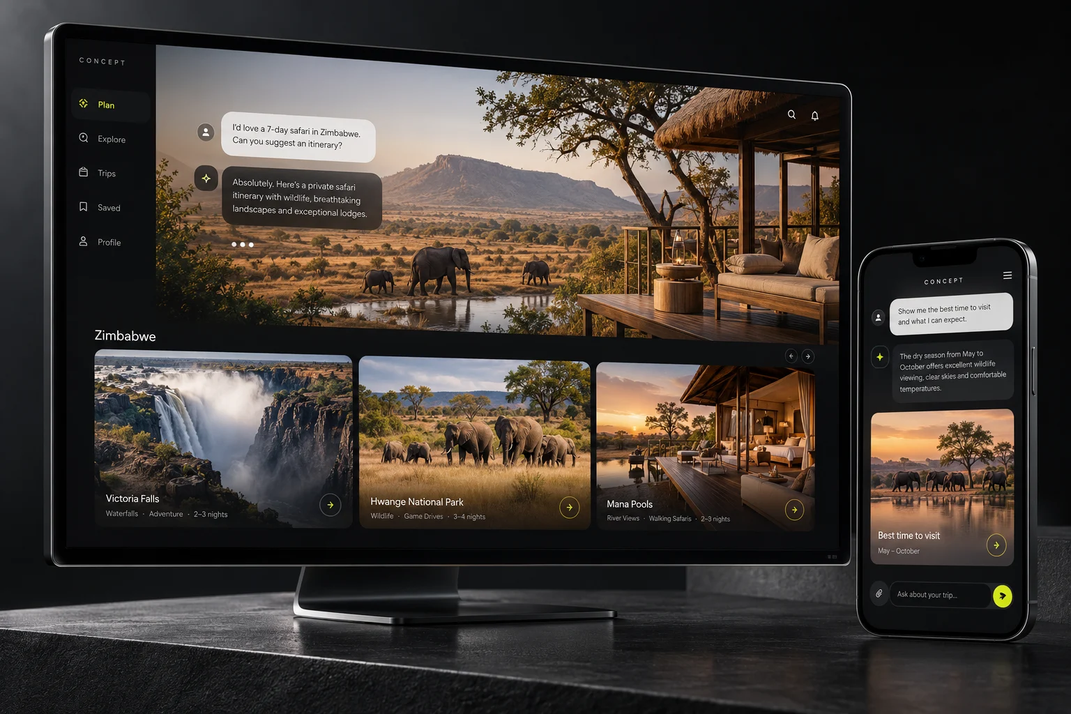 Illustrative desktop and mobile product presentation for the AI Travel Assistant concept